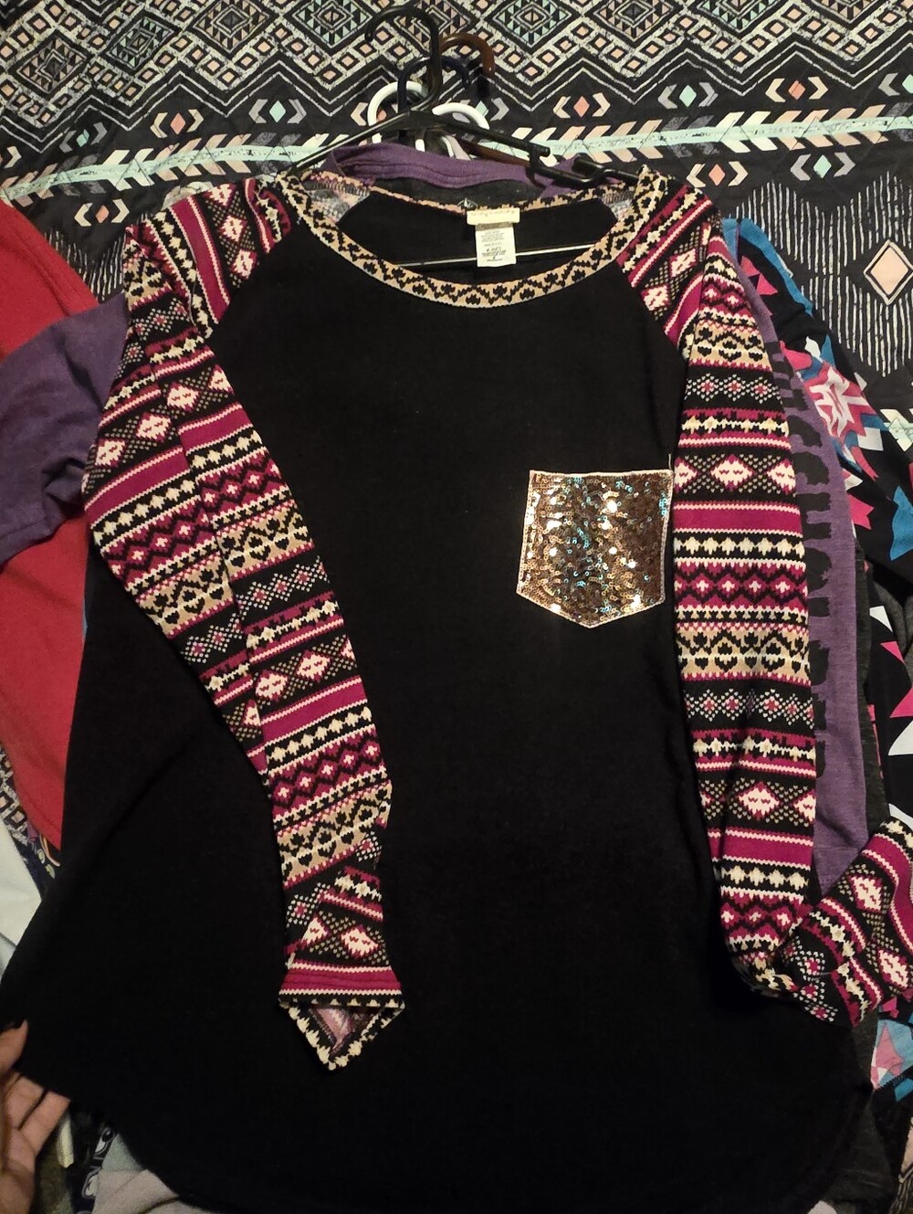 Sequin Pocket Black Top with Pink Patterned Raglan Sleeves